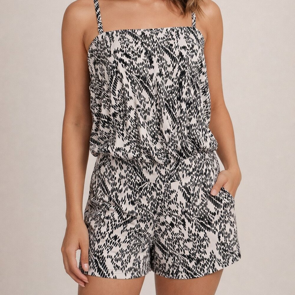 Susan Monaco Women’s Shorts Tank Romper – Black & White Print – Size Medium